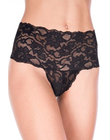 Tanga string noir taille haute large bande de dentelle florale - RECML10021BLK Reconditionné