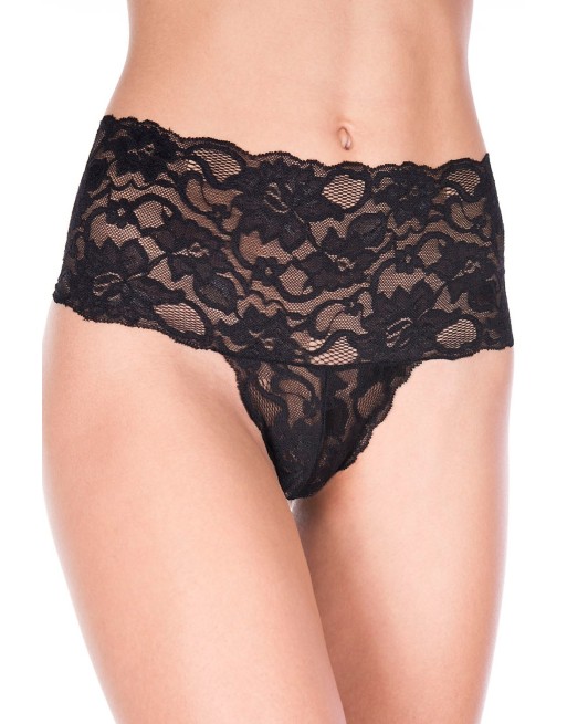 Tanga string noir taille haute large bande de dentelle florale - RECML10021BLK Reconditionné