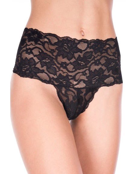 Tanga string noir taille haute large bande de dentelle florale - RECML10021BLK Reconditionné