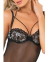 Nuisette jarretelles noire maille transparente avec broderie florale et armatures poitrine - RECREN51002-BLK Reconditionné