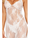 Nuisette longue blanche en dentelle florale, string assorti - DG13667WHT