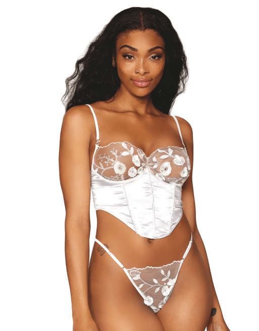 Bustier blanc avec armatures, en satin et dentelle florale - DG13262WHT