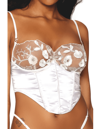 Bustier blanc avec armatures, en satin et dentelle florale - DG13262WHT