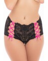 Shorty noir en dentelle et rubans entrecroisés rose sur les côtés - REN1162-BLK