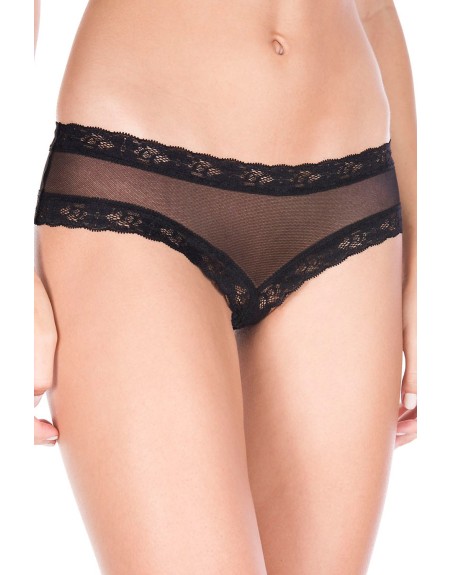 Tanga string ouvert noir maille transparente et dentelle - ML10007BLK