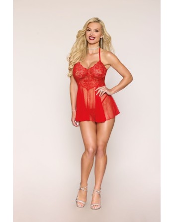 Nuisette rouge en résille et dentelle florale, string assorti - DG13524RED