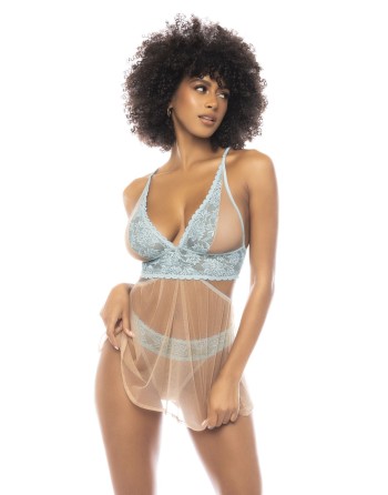 2 en 1 Nuisette et ensemble 2 pièces Abilene en dentelle et résille transparente - MAL7541LBLN