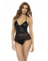 Body effet babydoll Pearl en wetlook noir et résille, bretelles réglables, zip fonctionnel au dos - MAL7547WBLK