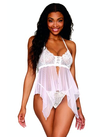 Babydoll et string en résille et dentelle blanche - DG13314WHT