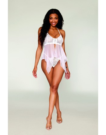 Babydoll et string en résille et dentelle blanche - DG13314WHT