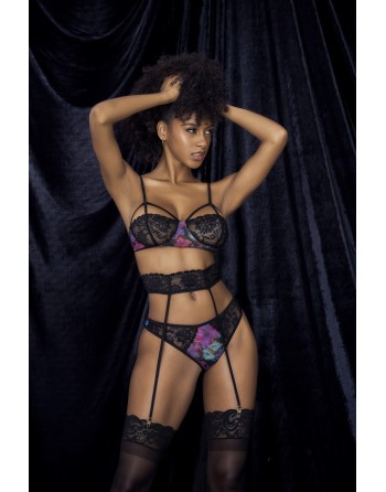 Deux-en-un, nuisette et ensemble trois pièces noir, tissu fleur exotique - MAL7496PRT