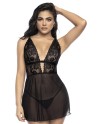 Nuisette avec large décollectée en dentelle et résille noire et string assorti - MAL7500BLK