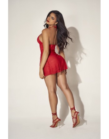 Nuisette dos nu en dentelle rouge et fine résille avec string assorti  - MAL7506RED