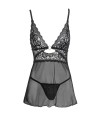 Nuisette noire en dentelle et résille transparente avec string - R2741334