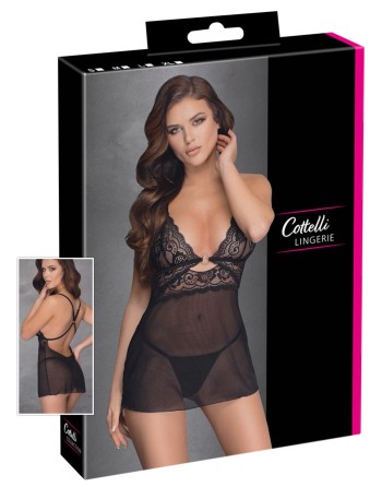 Nuisette noire en dentelle et résille transparente avec string - R2741334