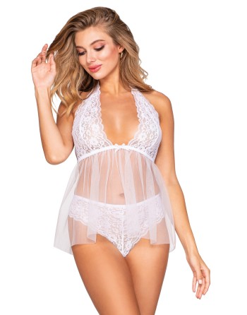 Babydoll dentelle et résille et string assorti - DG12190WHT