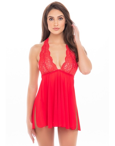 Nuisette rouge col échancré, dos nu et string assorti - REN51011-RED