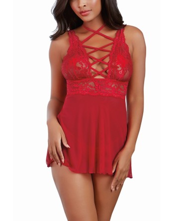 Nuisette rouge avec ornements et culotte assortie - DG11543RUB