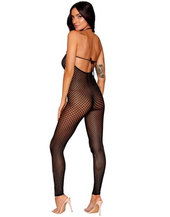 Bodystocking en résille noire, sans couture, avec large décolleté à armature  - DG0471BLK