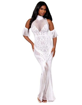 Robe bodystocking en résille et dentelle blanche - DG0490WHT