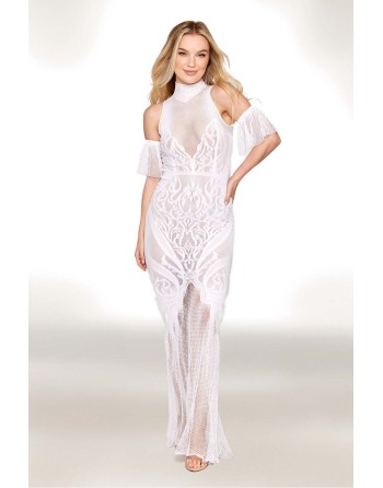 Robe bodystocking en résille et dentelle blanche - DG0490WHT