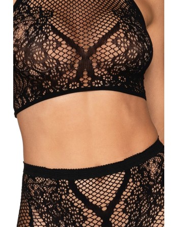 Ensemble Brassière fine résille et collant imprimé - DG0391BLK