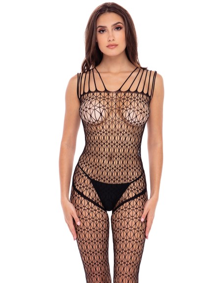 Bodystocking large maille ouvert à l'entrejambe - REN7095-BLK