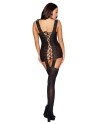 Bodystocking noir dentelle effet guêpières large décolleté et bas sexy - DG0144BLK