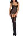 Bodystocking noir dentelle effet guêpières large décolleté et bas sexy - DG0144BLK