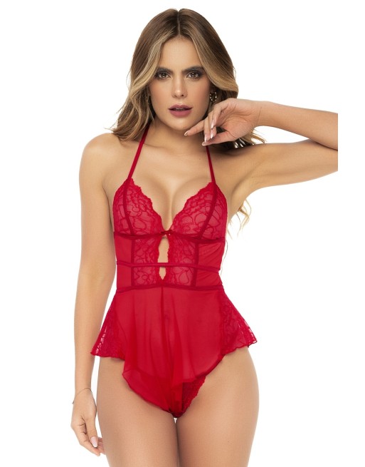 Body rouge effet babydoll et string assorti - MAL7445RED