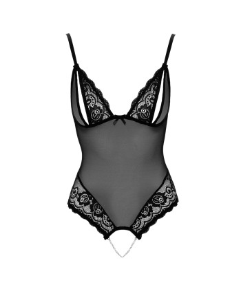 Body string en dentelle et résille noire avec perles à l'entrejambe - R2642425