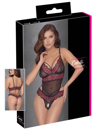 Body string en dentelle florale bicolore et résille - R2642859