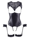 Body en dentelle et simili cuir ouvert avec menottes -  OR2642239BLK