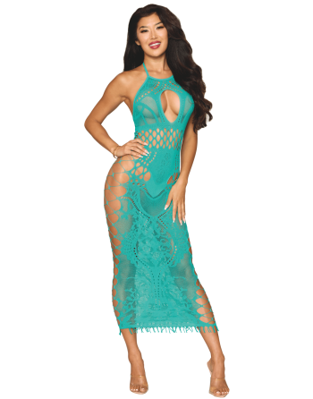 Robe longue résille fantaisie turquoise - DG0524AGA