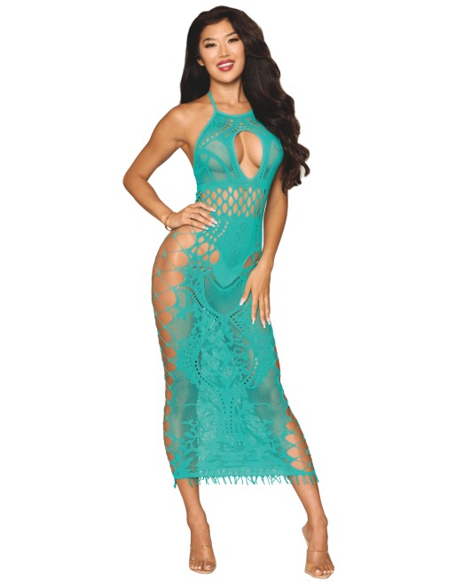 Robe longue résille fantaisie turquoise - DG0524AGA