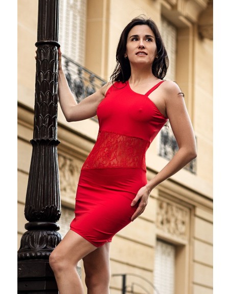 Robe rouge asymétrique avec dentelle Paola - LDR3RED