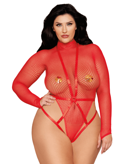 Ensemble 2 pièces grande taille, bodystring résille rouge et harnais - DG13680XRED