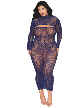 Ensemble 2 pièces grande taille top manches longues et robe bleu marine - DG0525XECL