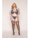 Soutien porte jarretelles grande taille et string en dentelle florale bleue - DG13522XBLU