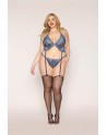 Soutien porte jarretelles grande taille et string en dentelle florale bleue - DG13522XBLU