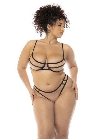 Ensemble 3 pièces noir et chair grande taille, soutien gorge avec armatures, serre taille et string - MAL8848XNUBK