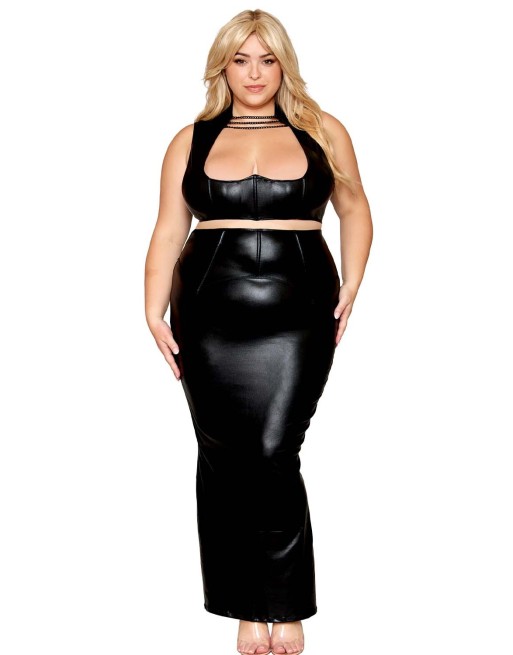 Ensemble Soutien-gorge et jupe longue, grande taille, noir en simili cuir - DG13198XBLK