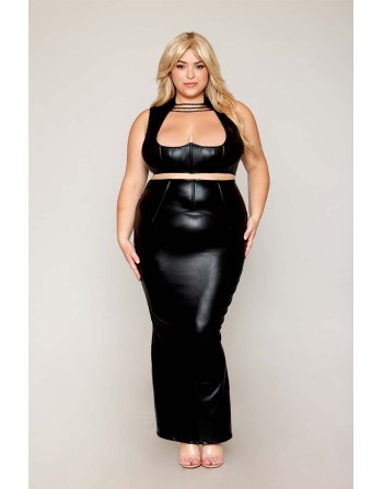 Ensemble Soutien-gorge et jupe longue, grande taille, noir en simili cuir - DG13198XBLK