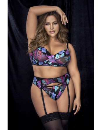 Ensemble trois pièces noir, grande taille, imprimé fleurs exotiques- MAL8770XPRT