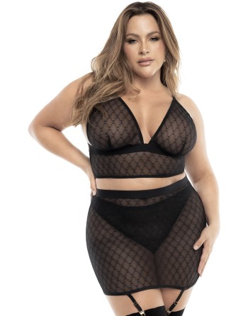 Soutien-gorge, string et jupe, grande taille, résille noire - MAL8776XBLK