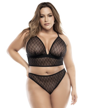 Soutien-gorge, string et jupe, grande taille, résille noire - MAL8776XBLK