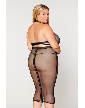 Ensemble 2 pièces grande taille, soutien gorge et jupe longue transparente noir - DG12770XBLK