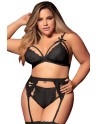 Ensemble 3 pièces noir grande taille  soutien-gorge string porte-jarretelles - MAL8221XBLK