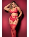 Ensemble 3 pièces rouge grande taille  soutien-gorge string porte-jarretelles - MAL8221XRED