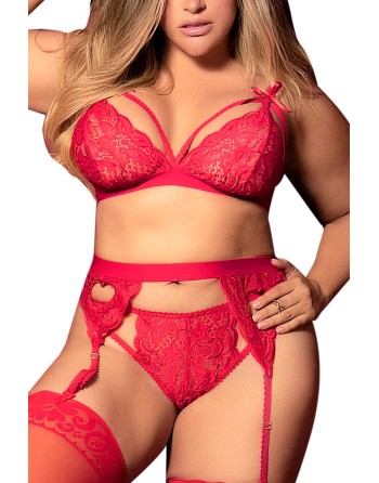 Ensemble 3 pièces rouge grande taille  soutien-gorge string porte-jarretelles - MAL8221XRED